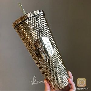 Starbucks Gold Chrome Bling Studded Venti Cup Tumbler 2022 Holiday